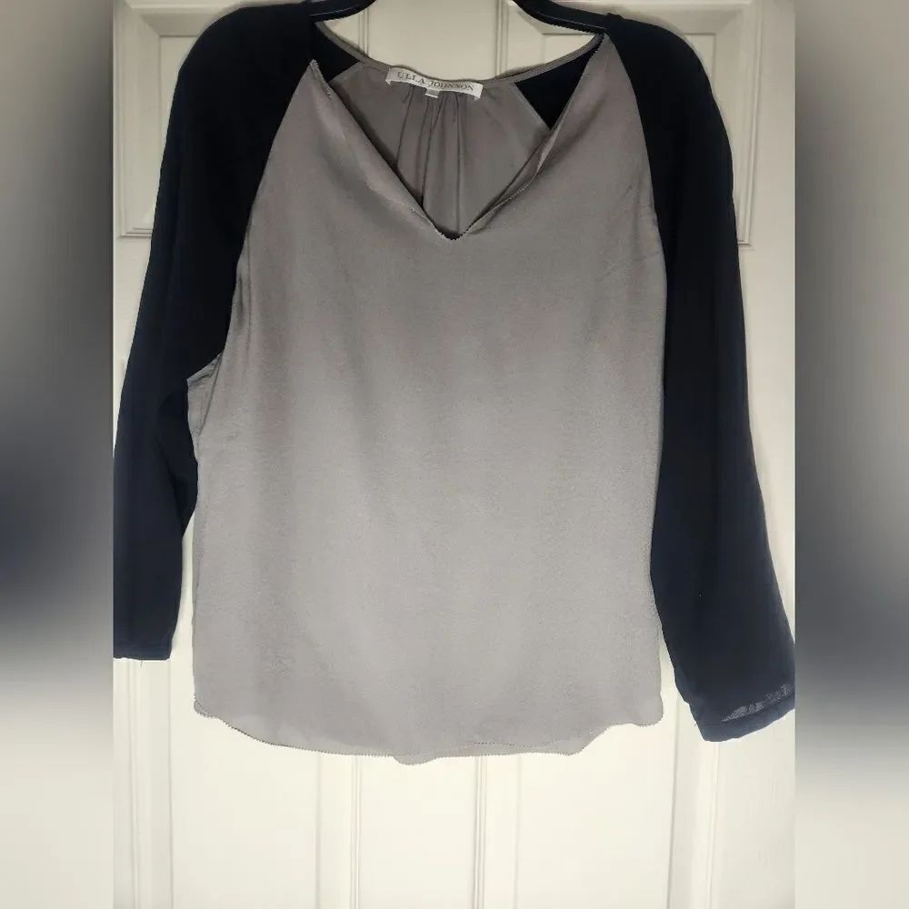 Ulla Johnson 6 Gray Black Color Block 100% SILK LngSlv V-neck Women’s Top